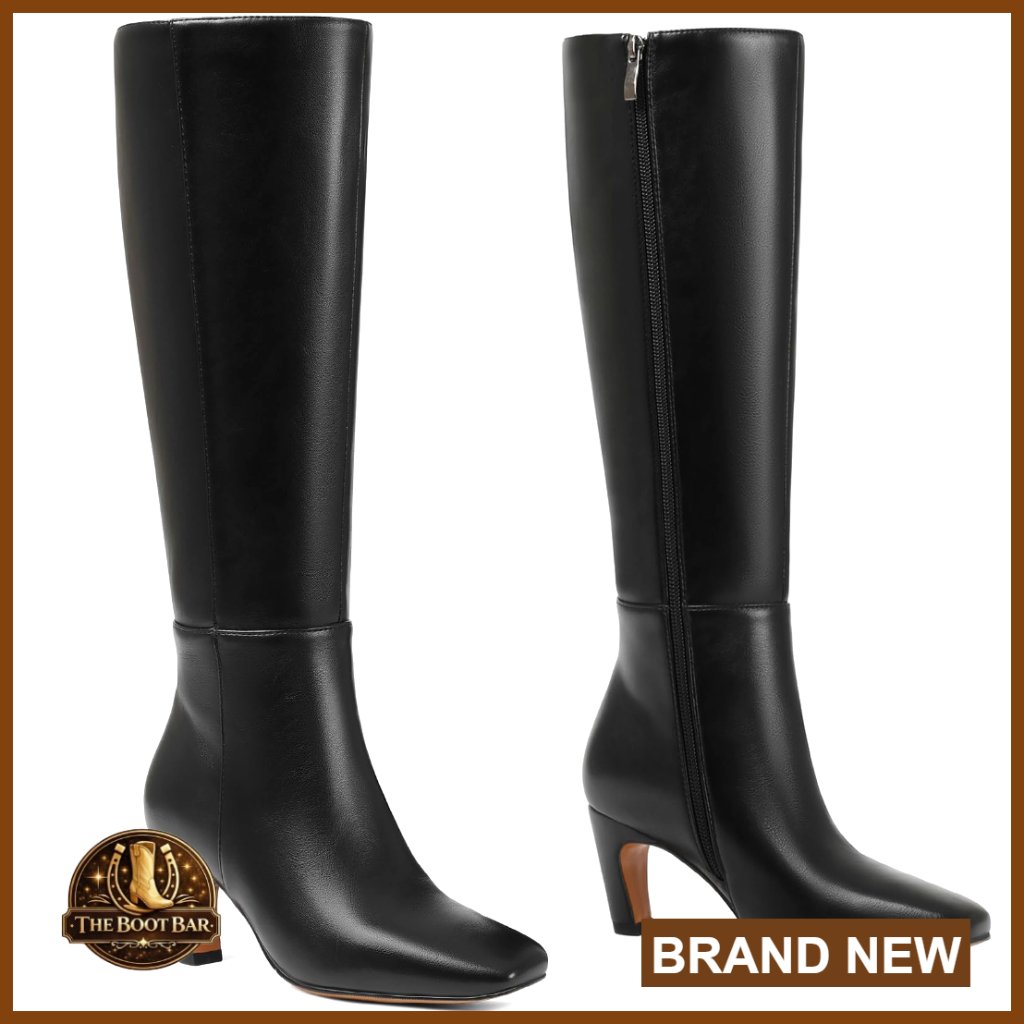Kitten Heel Knee High Boots Square Toe Faux Leather Low Heel Dress Casual